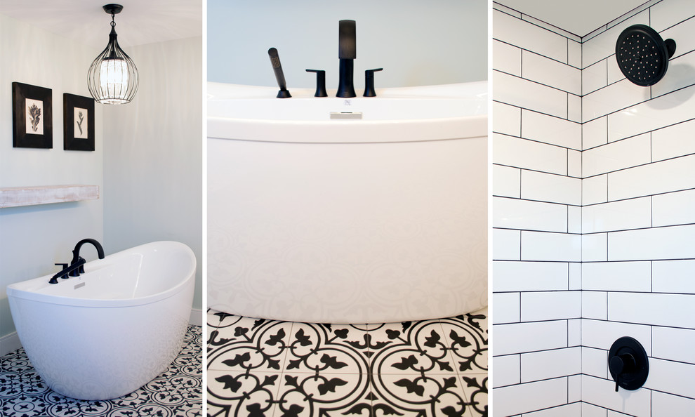 Example of a mid-sized transitional master porcelain tile and black floor freestanding bathtub design with recessed-panel cabinets, white cabinets, blue walls, quartz countertops and white countertops