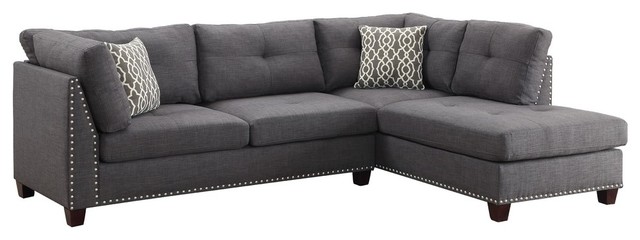 Laurissa Sectional Sofa With 2 Pillows and Ottoman, Light Charcoal Linen