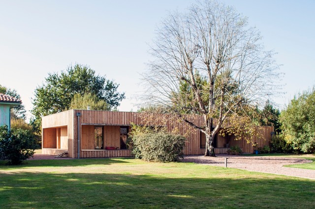 Une petite maison en bois à l'architecture vitrée au milieu des arbres