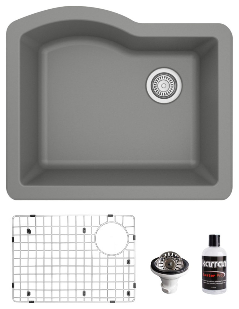 Karran Undermount Quartz 24" Single Bowl Kitchen Sink Kit, Grey