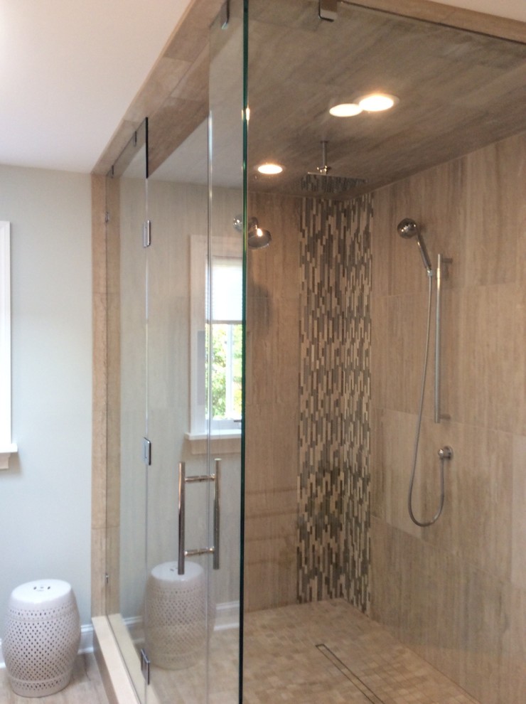 Mid-sized transitional 3/4 bathroom in Philadelphia with a claw-foot tub, an open shower, matchstick tile, grey walls, ceramic floors and quartzite benchtops.