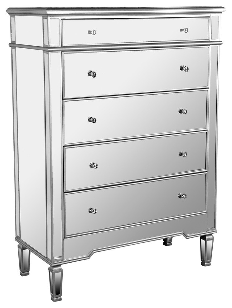 Nicolette 5 Drawer Silver Mirrored Exclusive Chest Transitional Dressers By Furniture Import Export Inc