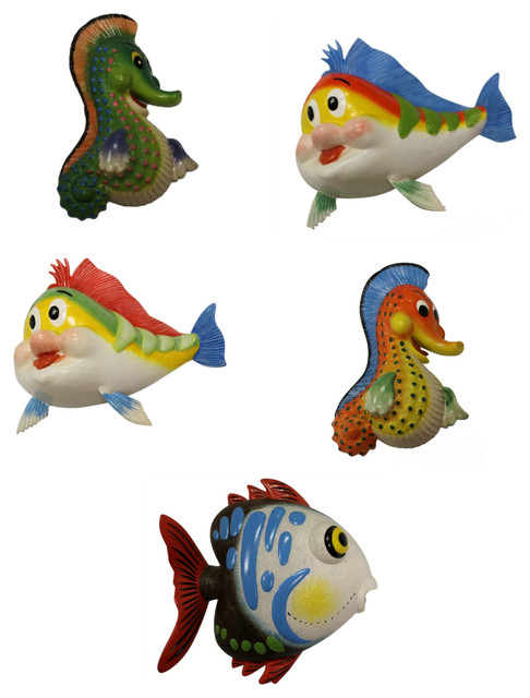 Funny Happy Fish Dimensional Wall Decor Set of 5 Eight Inches