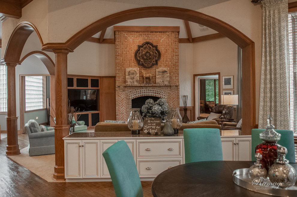 Photo of an expansive traditional open concept family room in Other with a game room and carpet.
