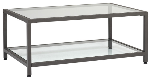 Camber 36" Modern Metal and Glass Rectangular Coffee Table in Pewter, Clear