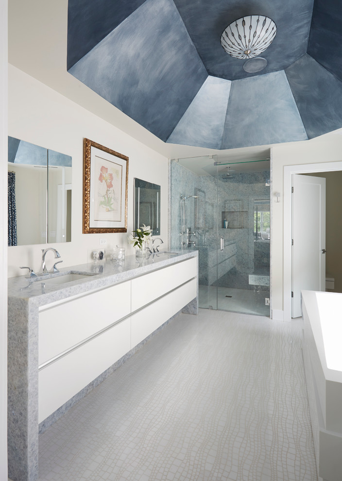Design ideas for a large contemporary master bathroom in Chicago with flat-panel cabinets, white cabinets, a curbless shower, marble floors, an undermount sink, quartzite benchtops and a hinged shower door.