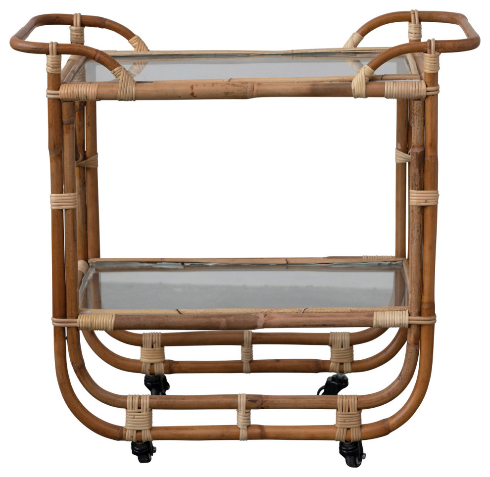 Handmade Rattan 2Tier Bar Cart on Casters With Glass Top and Shelf