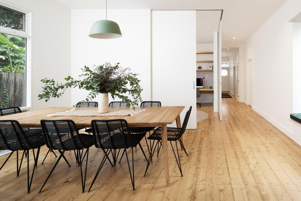 Design ideas for a contemporary dining room in Melbourne with white walls, medium hardwood floors and brown floor.