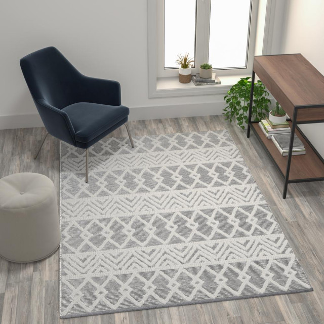 Indoor Geometric 5'x7' Area Rug - Hand Woven Gray Area Rug with Ivory...