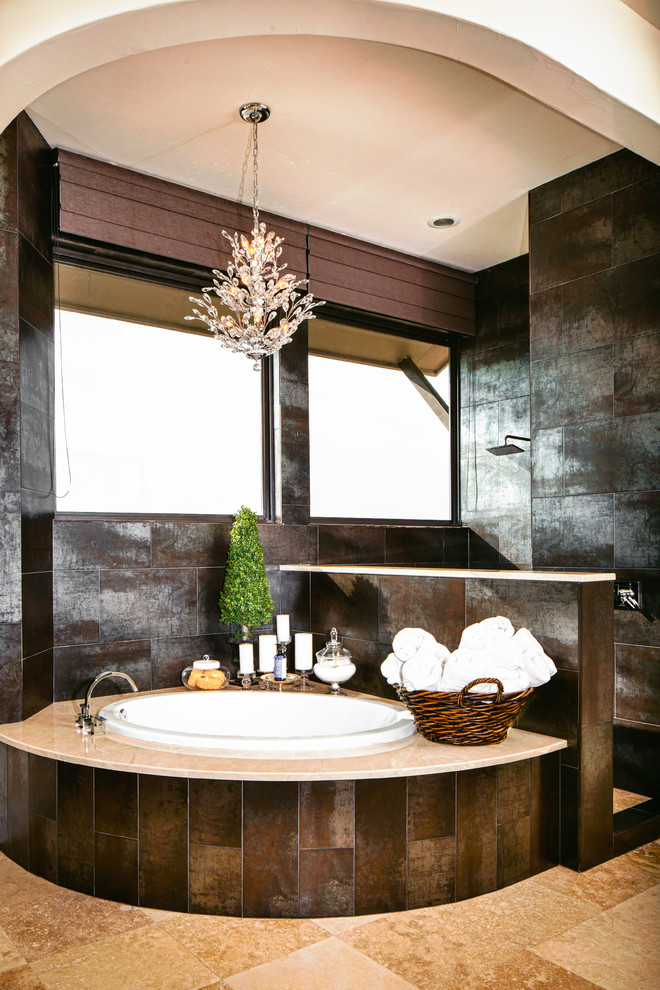 Inspiration for a large transitional master bathroom in Austin with a corner tub, black walls, an open shower, brown tile, porcelain tile, travertine floors, beige floor and an open shower.