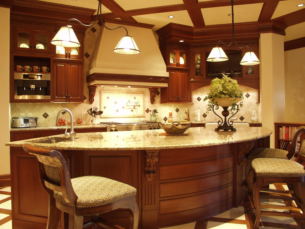 Photo of a traditional kitchen in Other with beaded inset cabinets, medium wood cabinets, granite benchtops and with island.