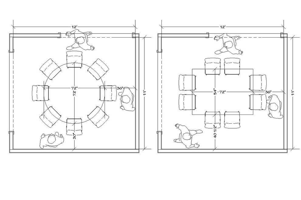What size dining tables work well in a 12x12 dining room? Round, recta