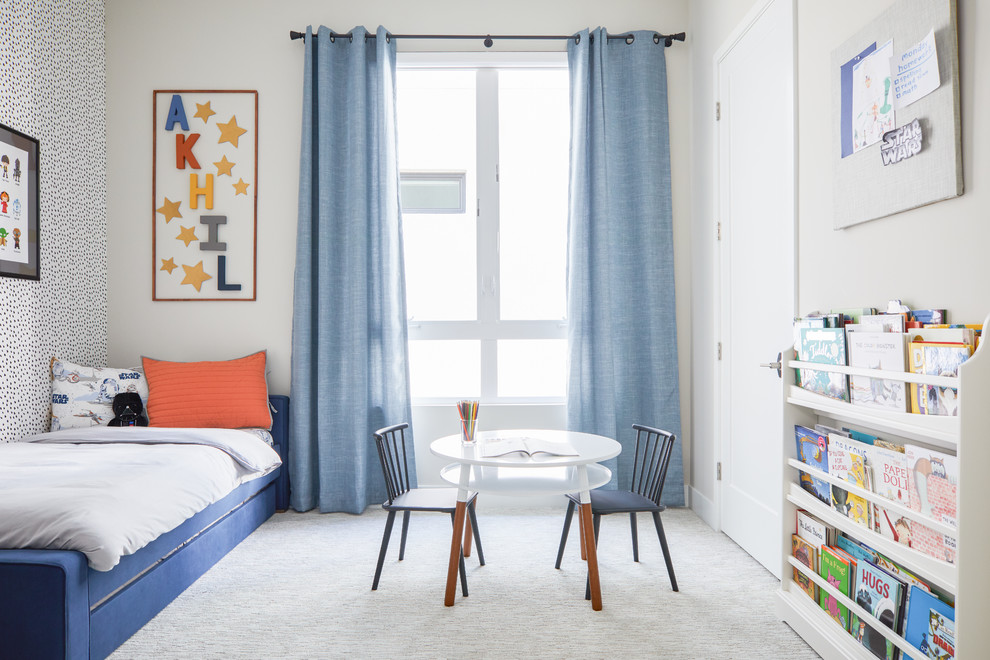 Kids' room - small contemporary boy carpeted and gray floor kids' room idea in Los Angeles with gray walls
