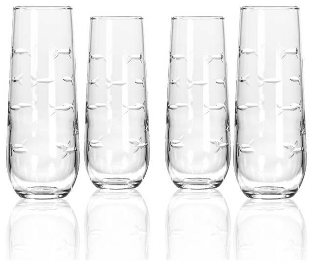 School of Fish 8.5oz Stemless Champagne Flute 8.5 Ounce, Set of 4 Glasses