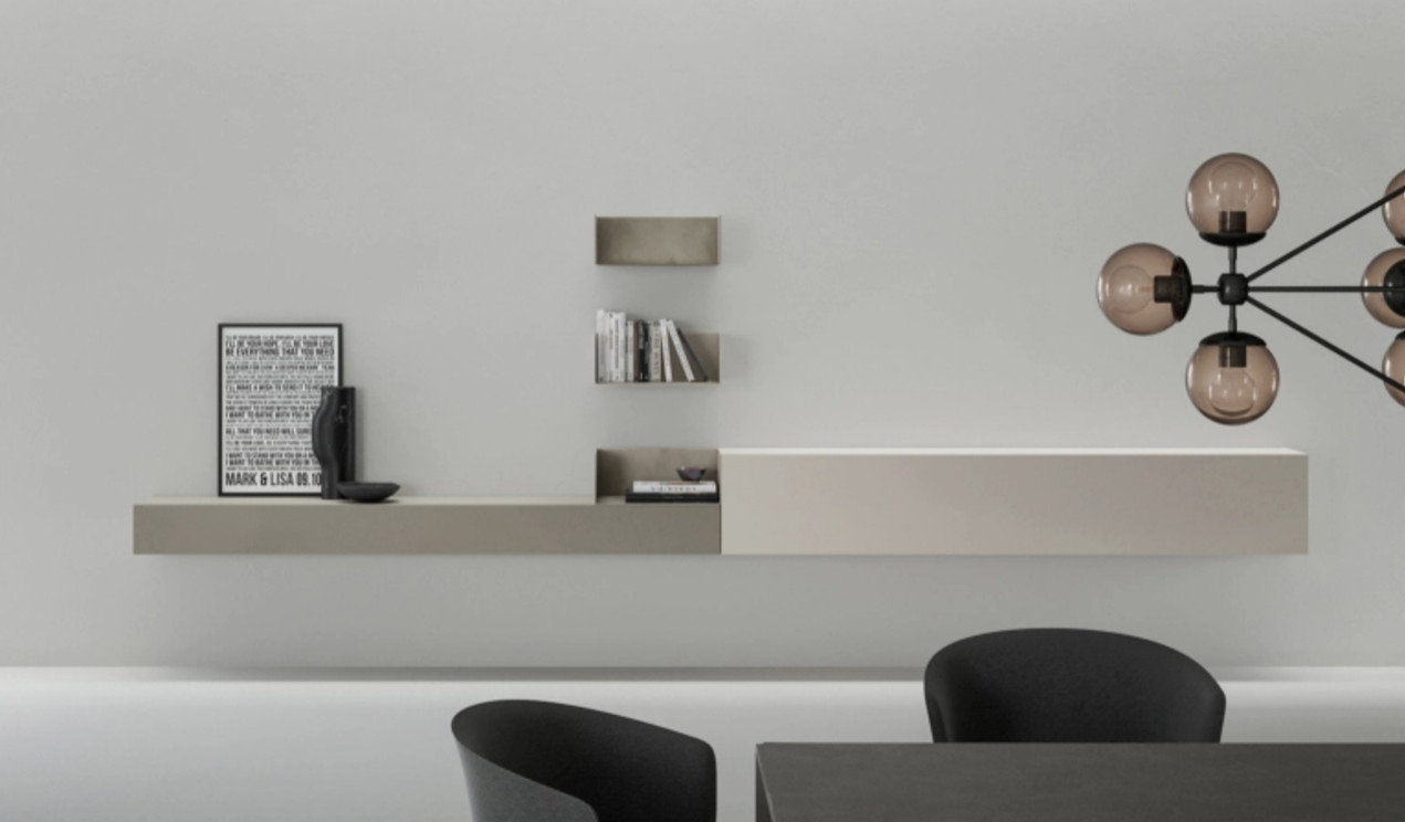 Suspended wall unit with book shelves