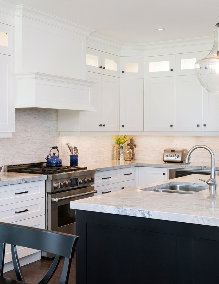 Large transitional l-shaped dark wood floor open concept kitchen photo in Toronto with an undermount sink, recessed-panel cabinets, white cabinets, quartzite countertops, multicolored backsplash, mosaic tile backsplash, stainless steel appliances and an island