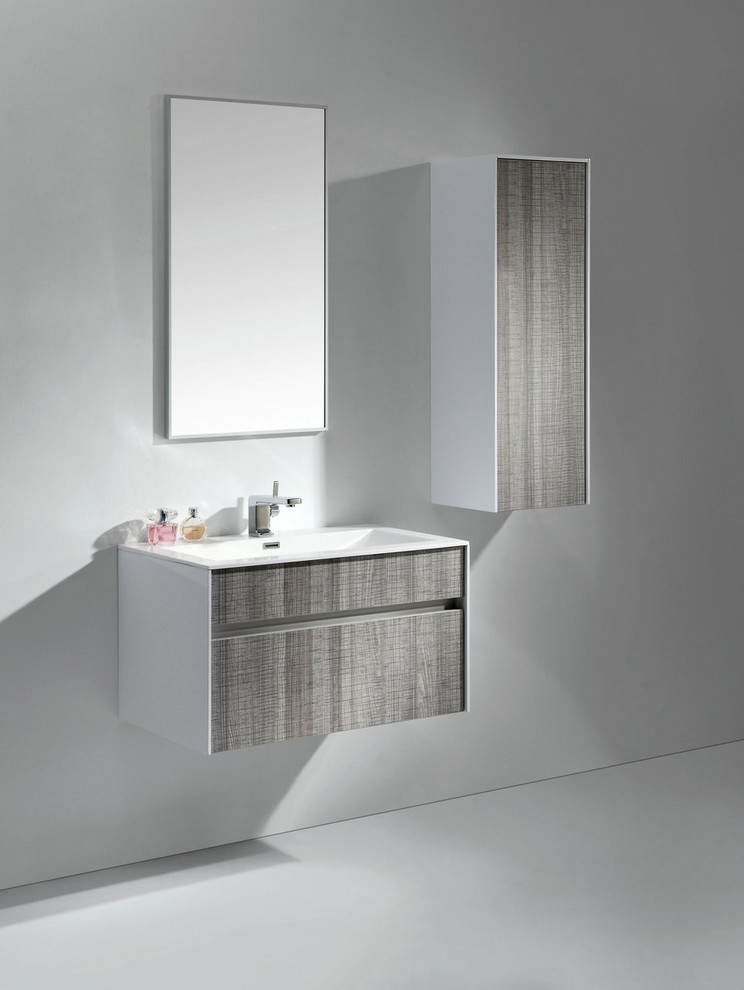 This is an example of a small modern bathroom in Toronto with open cabinets, medium wood cabinets, a freestanding tub, an open shower, an undermount sink and laminate benchtops.