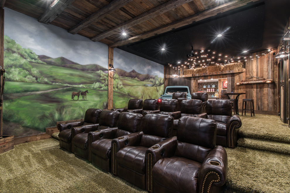 Inspiration for a country home theatre in Charlotte with green floor.