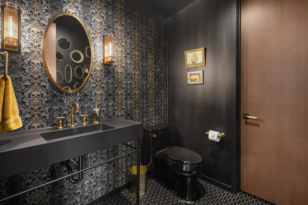 Classic cloakroom in Seattle with open cabinets, grey cabinets, a one-piece toilet, black walls, an integrated sink, black floors, grey worktops, a built in vanity unit and wallpapered walls.