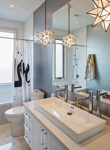 Photo of a mid-sized contemporary master bathroom in Dallas with flat-panel cabinets, white cabinets, a drop-in tub, a shower/bathtub combo, a two-piece toilet, white tile, ceramic tile, grey walls, ceramic floors, a vessel sink, solid surface benchtops, a shower curtain and beige floor.