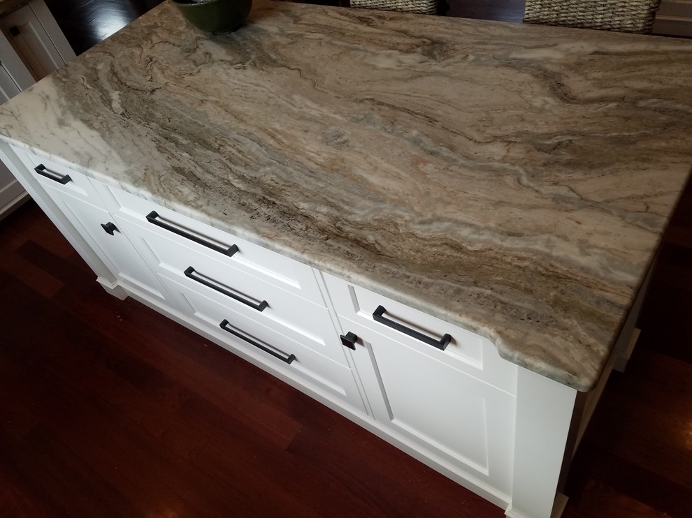 Kitchen - transitional dark wood floor kitchen idea in Boston with recessed-panel cabinets, white cabinets and granite countertops