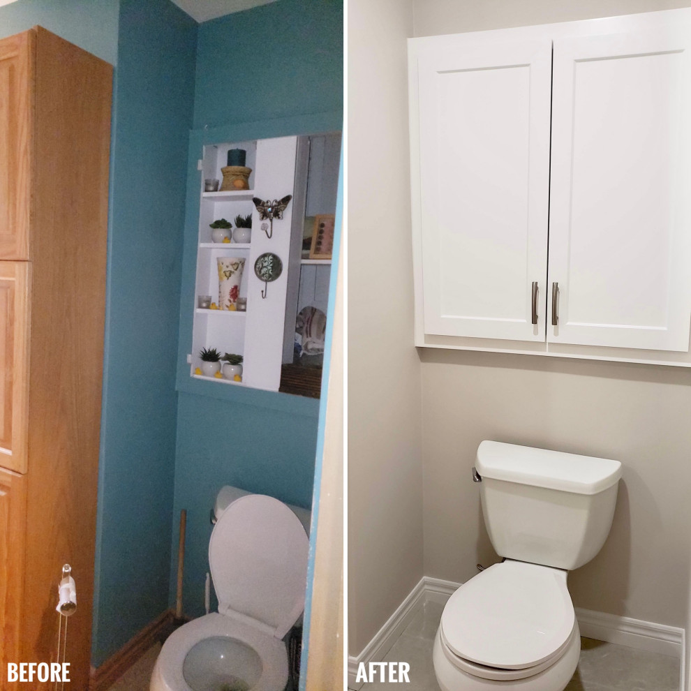 Inspiration for a small transitional 3/4 porcelain tile, gray floor and single-sink alcove bathtub remodel with shaker cabinets, white cabinets, a one-piece toilet, beige walls, an undermount sink, quartzite countertops, multicolored countertops and a freestanding vanity