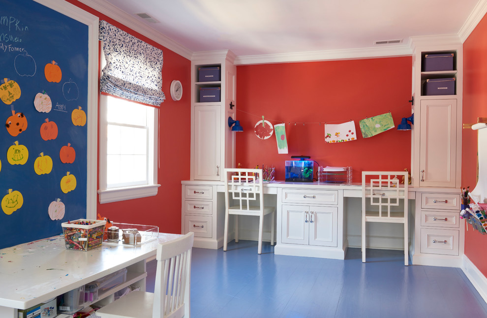Inspiration for a mid-sized eclectic gender-neutral kids' playroom for kids 4-10 years old in New York with red walls, blue floor and painted wood floors.