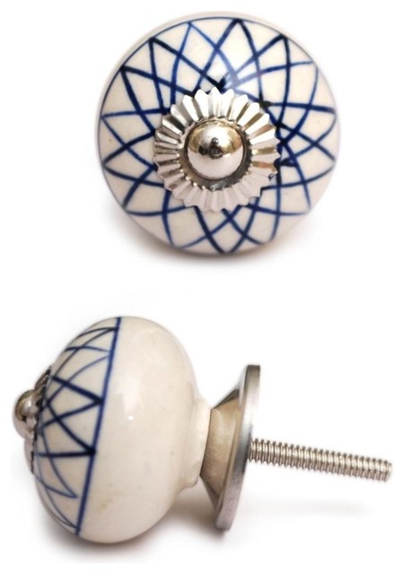 Ceramic Knobs, White With Blue Design, Set of 3