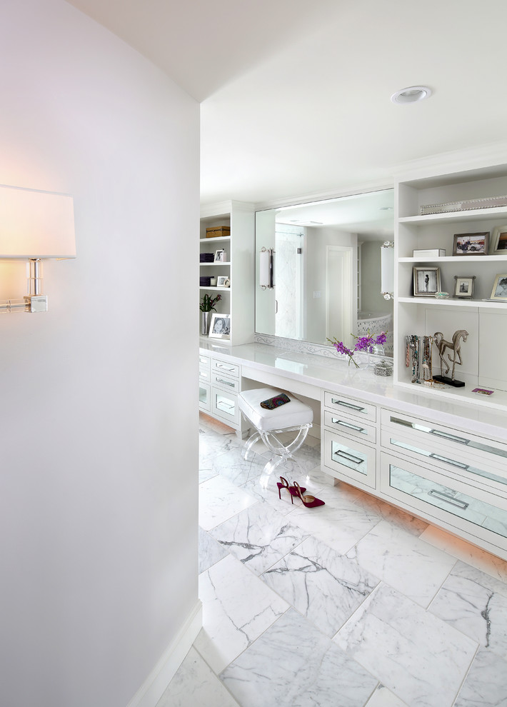 Example of a large trendy master white tile marble floor double shower design in San Diego with an undermount sink, white cabinets, marble countertops, an undermount tub, gray walls and glass-front cabinets