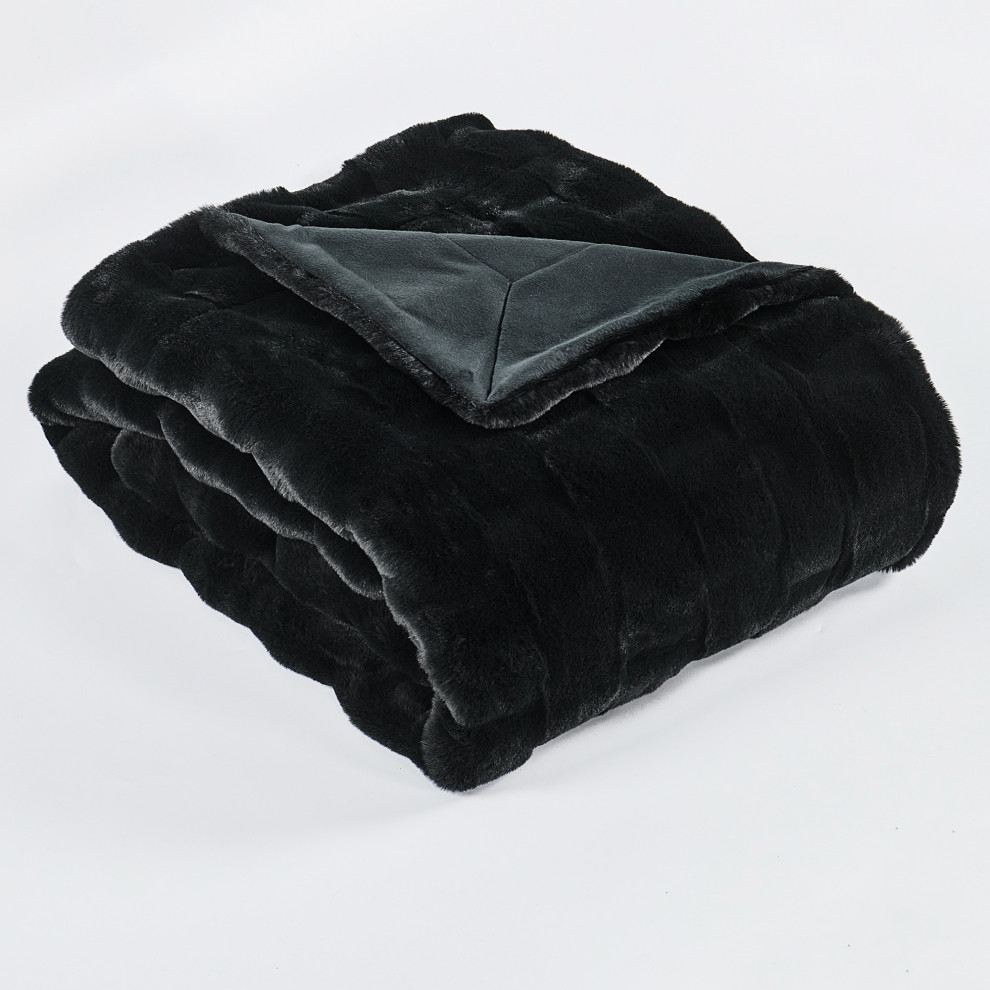 Brick Textured Faux Fur Throw Blanket, Black