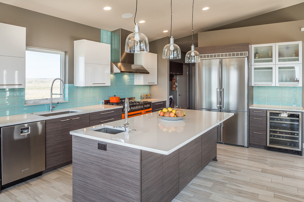 Design ideas for a large modern l-shaped eat-in kitchen in Other with a single-bowl sink, flat-panel cabinets, dark wood cabinets, quartzite benchtops, blue splashback, glass tile splashback, stainless steel appliances, ceramic floors and with island.
