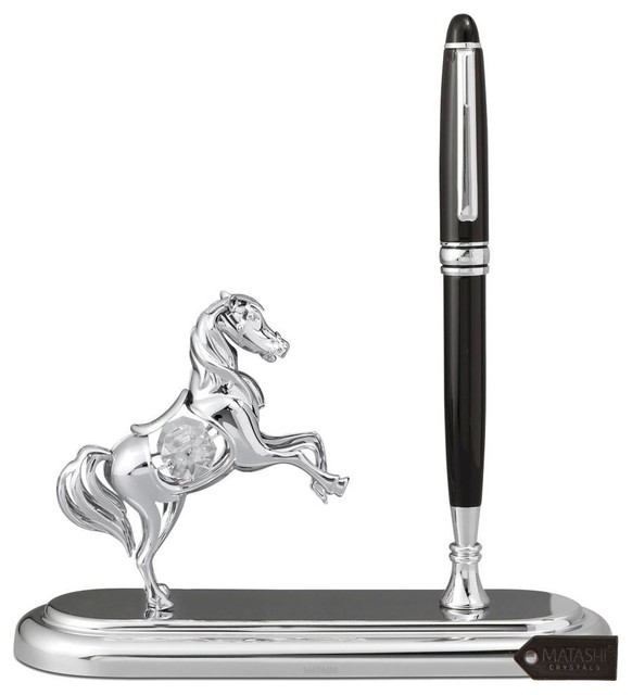 Chrome Plated Executive Desk Set With Pen And Silver Horse