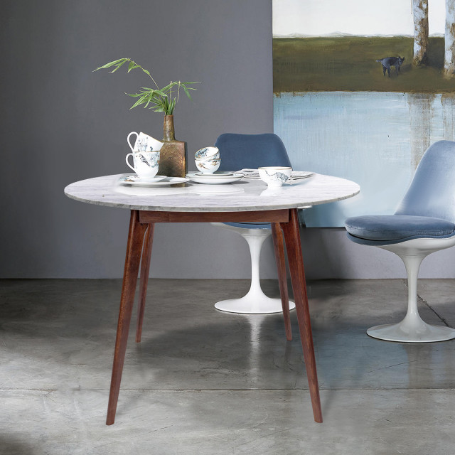 Avella Round Italian Carrara White Marble Dining Table With Walnut Legs 39 Avella Round Italian Carrara White Marble Dining Table With Walnut Legs 39