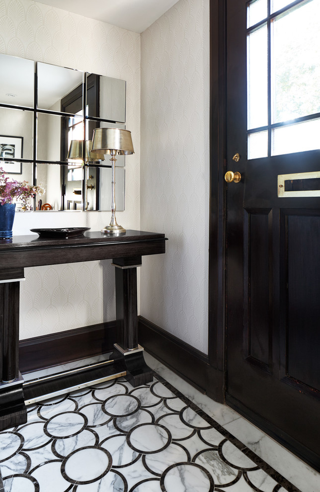 Inspiration for a small traditional front door in Toronto with white walls, marble floors, a single front door, a black front door and white floor.