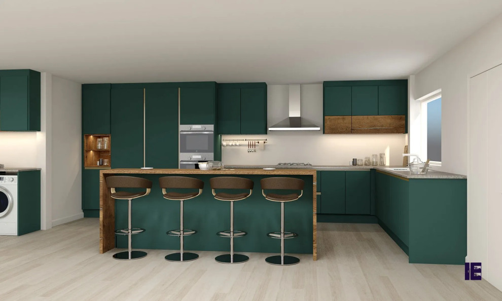 Large trendy l-shaped plywood floor eat-in kitchen photo in London with a single-bowl sink, flat-panel cabinets and green cabinets