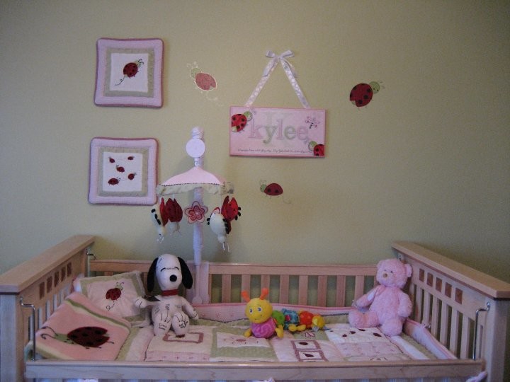 Mid-sized transitional nursery in Denver with pink walls and carpet for girls.