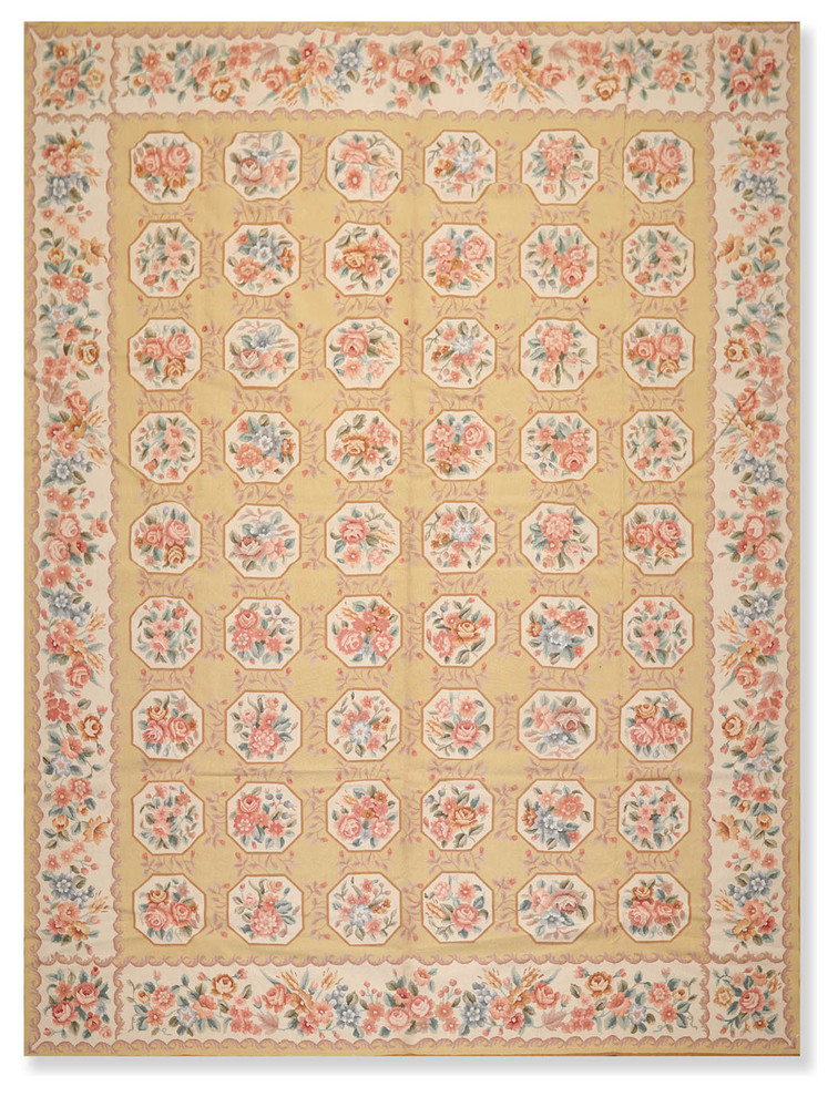 Gold Beige Color French Aubusson Needlepoint Rug, 9'x12', 9x12 French