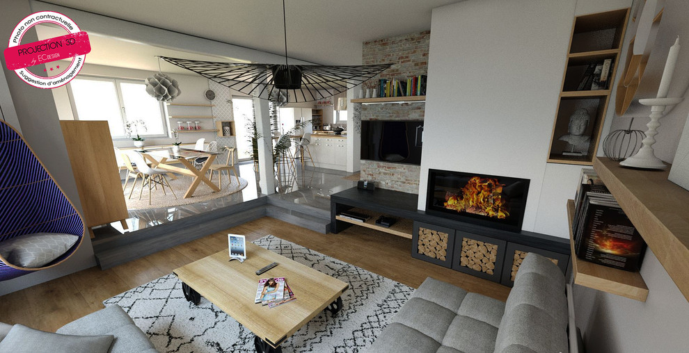 Inspiration for a large scandinavian open concept living room in Other with a ribbon fireplace and a wall-mounted tv.