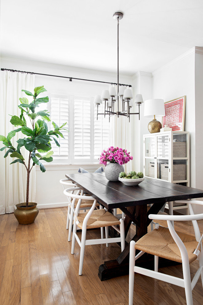 Inspiration for an eclectic dining room in Nashville with white walls, medium hardwood floors, no fireplace and brown floor.