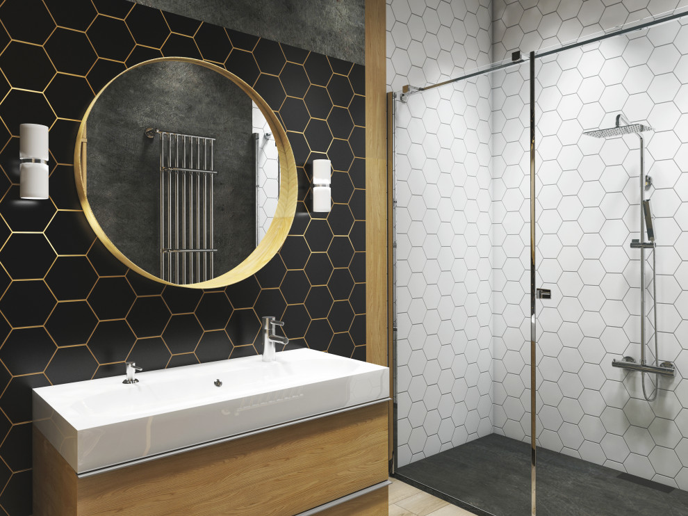 Photo of a medium sized industrial cream and black ensuite bathroom in London with flat-panel cabinets, light wood cabinets, a one-piece toilet, black and white tiles, porcelain tiles, multi-coloured walls, wood-effect flooring, a wall-mounted sink, brown floors, a feature wall, a single sink, a freestanding vanity unit and wood walls.