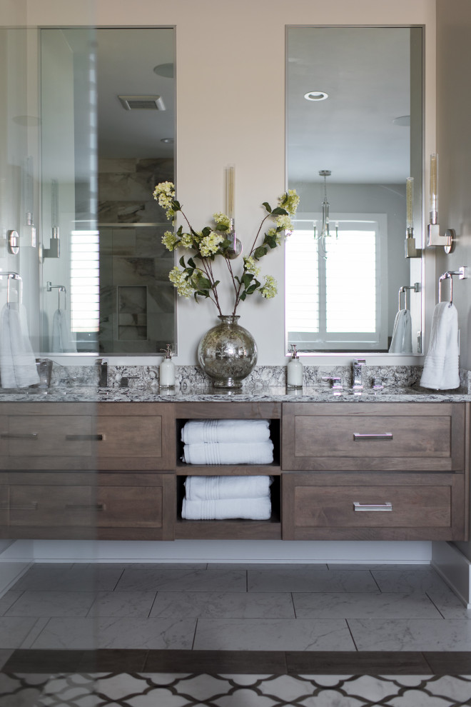 Inspiration for a mid-sized modern master bathroom in Indianapolis with flat-panel cabinets, white cabinets, a corner tub, a shower/bathtub combo, a one-piece toilet, dark hardwood floors, an undermount sink, granite benchtops, an open shower and beige benchtops.