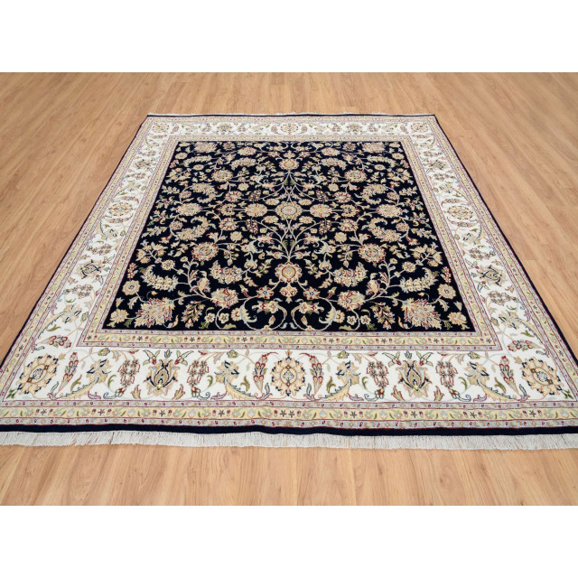 Midnight Blue Wool and Silk Nain 250 KPSI Hand Knotted Square Rug, 8'0