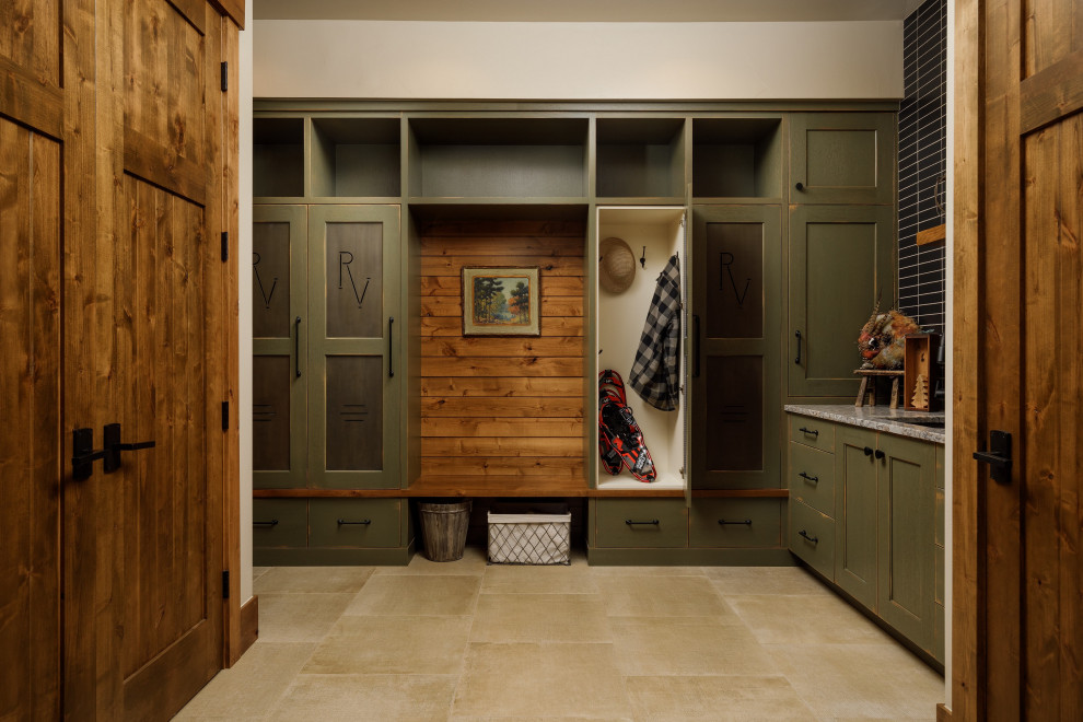 Design ideas for a rustic entrance in Denver with beige walls, ceramic flooring, beige floors and panelled walls.