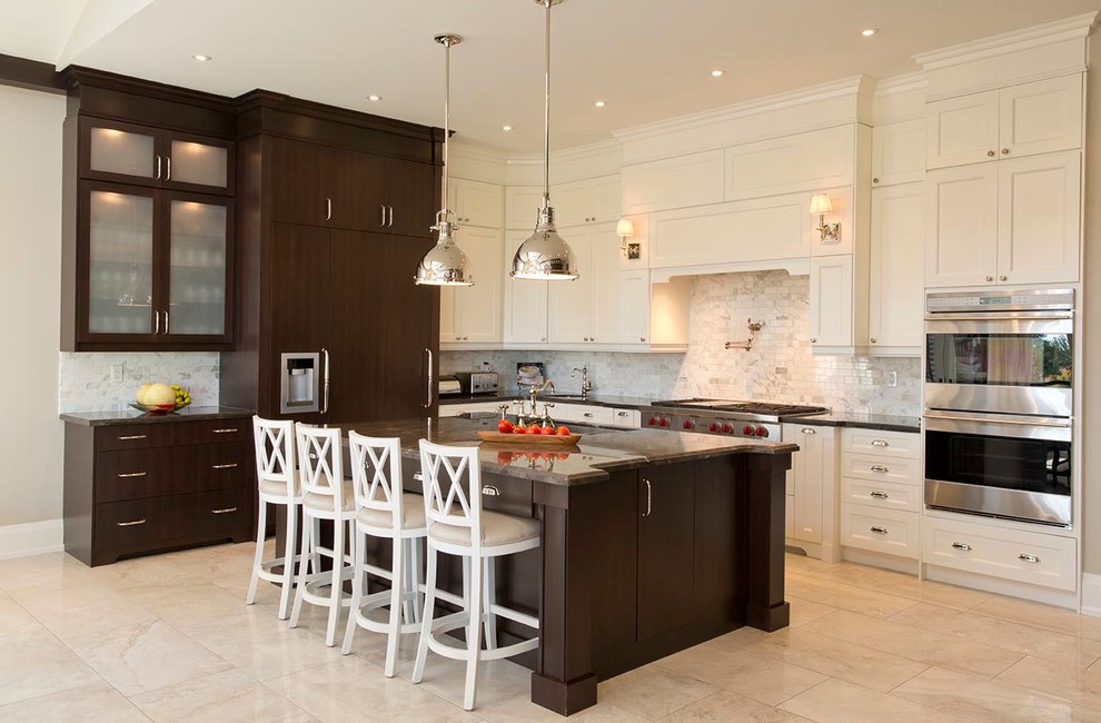 Design ideas for an expansive traditional l-shaped eat-in kitchen in Toronto with an undermount sink, white cabinets, white splashback, stainless steel appliances, ceramic floors and with island.