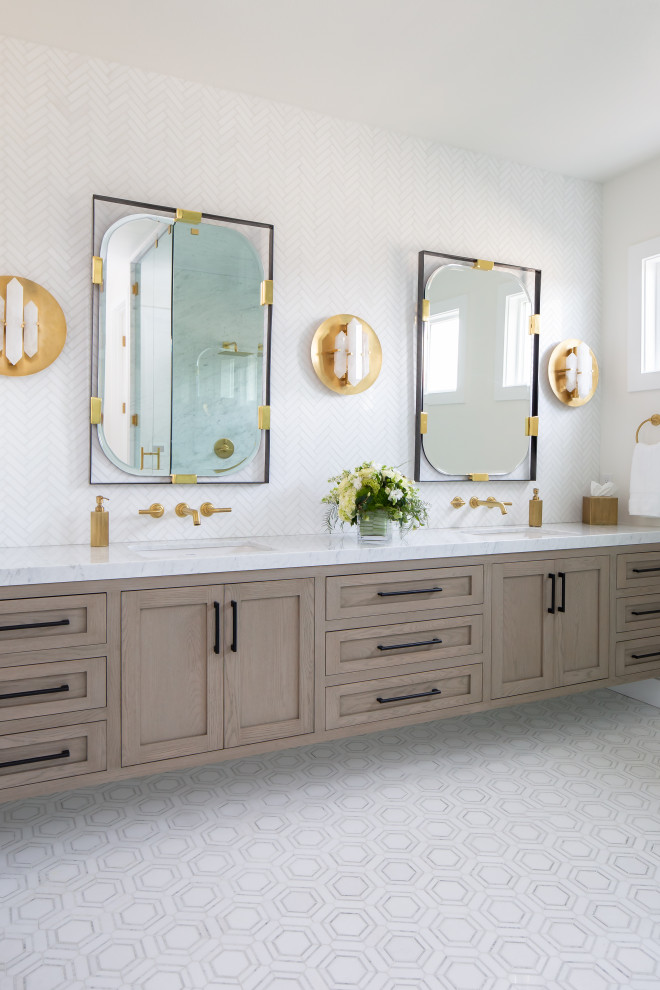 Inspiration for a transitional master bathroom in Orange County with shaker cabinets, medium wood cabinets, an alcove shower, white tile, white walls, multi-coloured floor, a hinged shower door and multi-coloured benchtops.