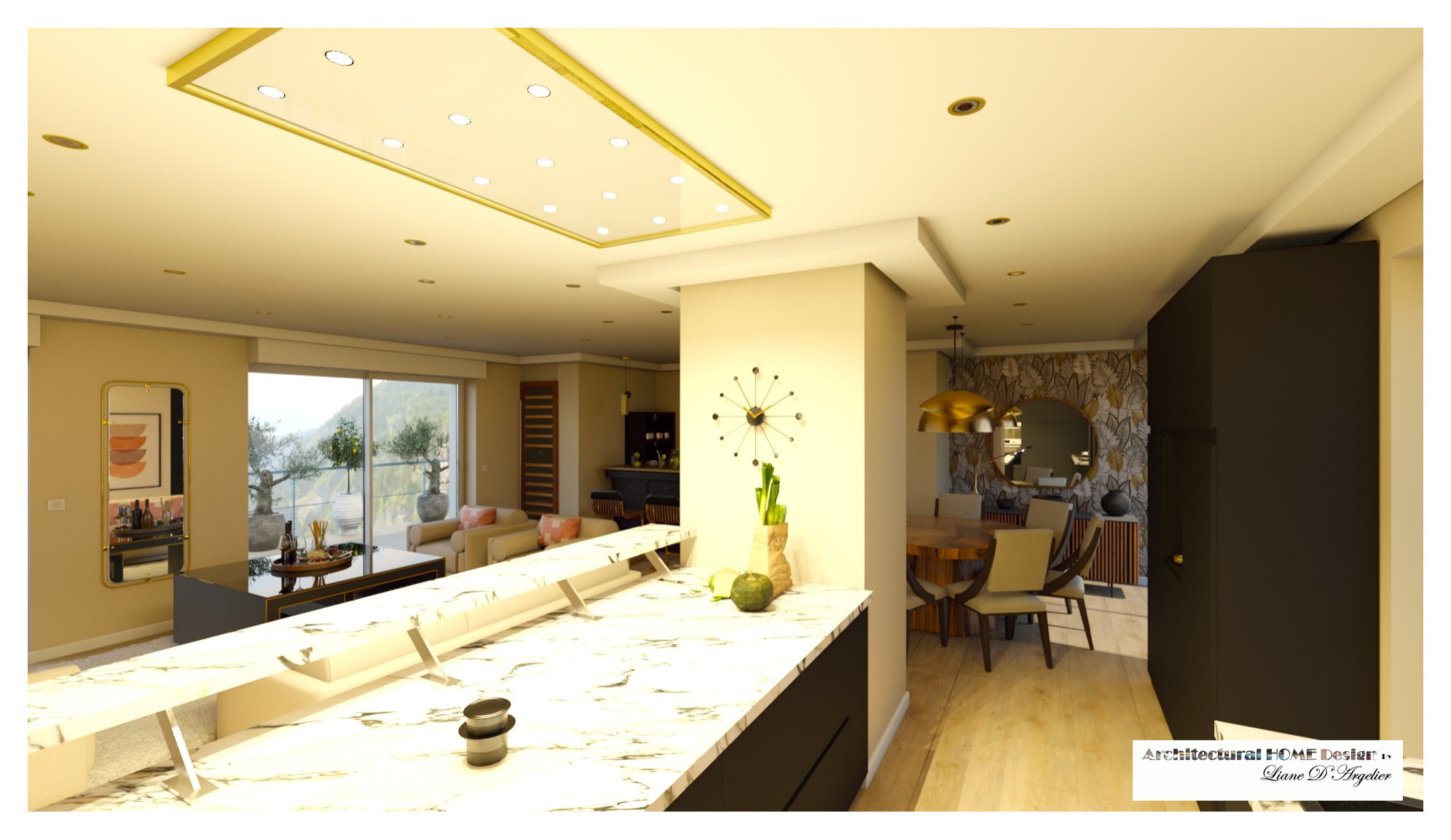 Living 60 m² chic avec cuisine ouverte.