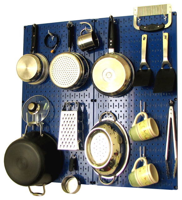Kitchen Pegboard Organizer Pots and Pans, Blue Pegboard and White Accessories