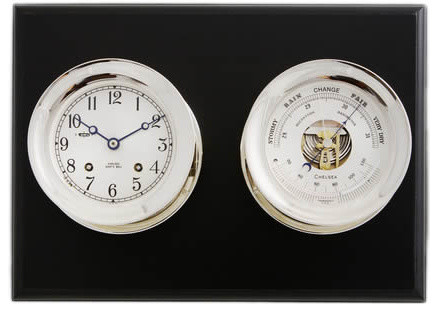 4.5" Chelsea Ship's Bell Clock & Baro. in Nickel on Black Wall Plaque