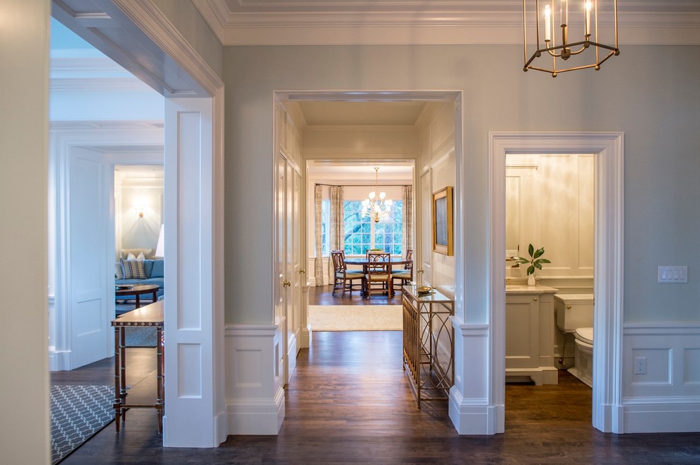 Inspiration for a large transitional hallway in Charleston with blue walls, dark hardwood floors and brown floor.