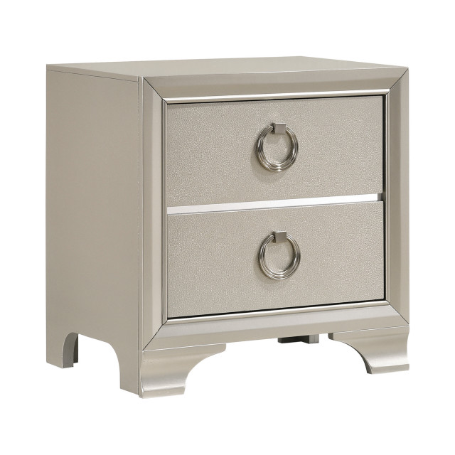 2 Drawers Nightstand With Oversized Ring Handles, Metallic Sterling